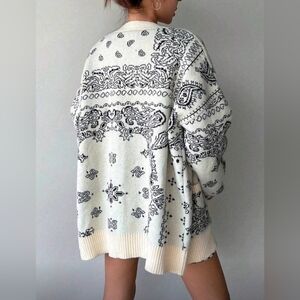 New Boho Bandana Print Button Down Knit Cardigan Sweater Beige Tan